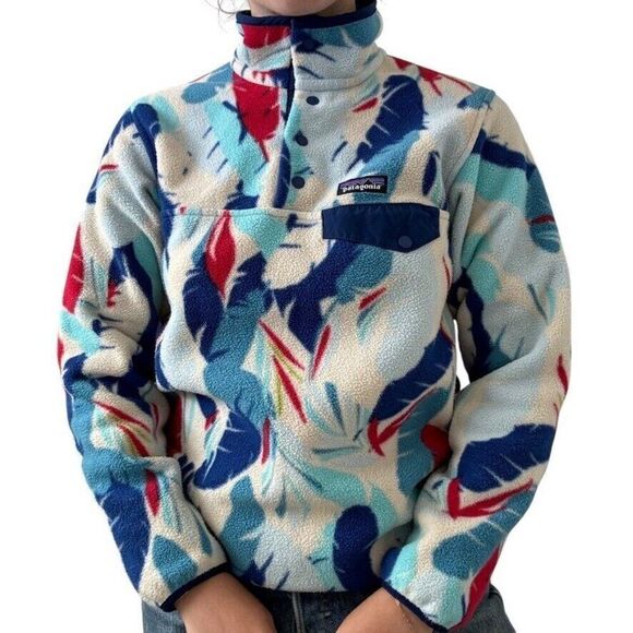 Patagonia Synchilla Hawaiian Palm Floral Fleece Quarter Snap Tee Sweatshirt Sz S - Picture 1 of 6